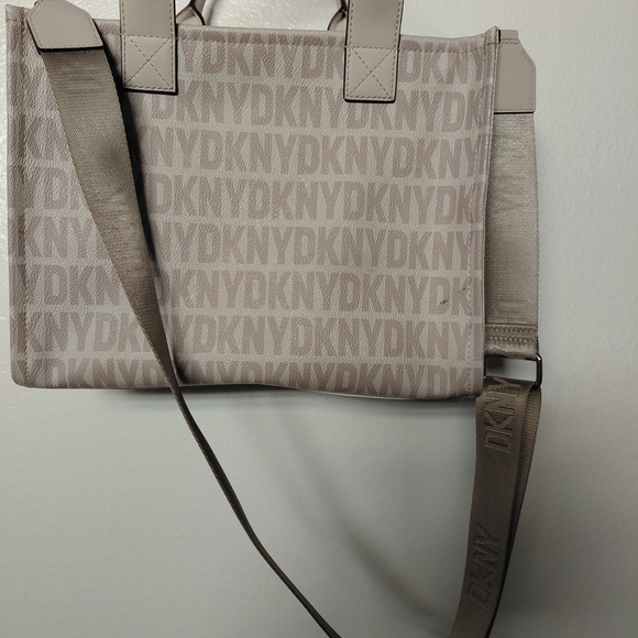 Dkny Handbags - DKNY Beige Logo Jacquard Tote with Detachable Strap and Top Handles